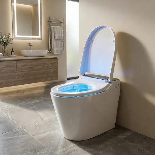 Inodoro inteligente ADA con tanque y bomba, apertura/cierre automático, asiento calefactable, lavado con agua tibia instantánea, secado con aire, sensor de pie y control remoto, luz LED blanca miniatura 6