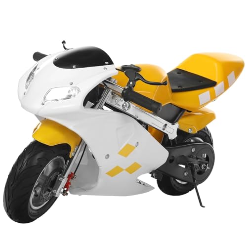Sxvbdway 49cc 2 Stroke Pocket Bike Mini Motorcycle for Adults Kids Gas Motorbike With Strong Dual Brake, Racing Max Speed 20Mph, Dual Headlights White & Yellow