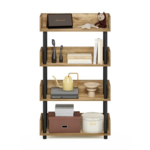 Image of Furinno TURN-N-TUBE 4-Tier Display Shelf, Storage Shelves, Book Shelf, Open Shelves with Rounded Corner Top Edges, for Organization and Storage, Living Room, Home Office, Flagstaff Oak