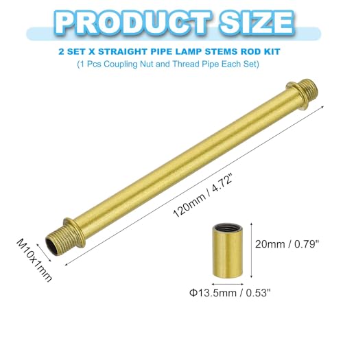Image of PATIKIL Straight Pipe Lamp Stems Rod Kit, 2 Set M10 Carbon Steel 120mm(4.72 inch) Long Double End Thread Rod with Coupling Nuts Sleeve Connector for Table Lamps Chandeliers,Sand Gold