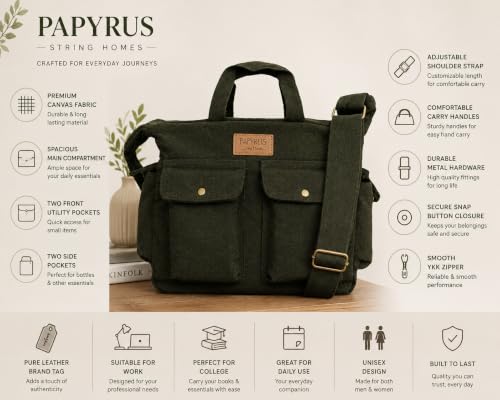 Image of ROUGH Canvas Cotton messenger bag.15'' Lap top. Large size 36x27x11 cm(12Ltr) Metal zipper closure. Allround pockets. Vintage look. Antique fittings.Sustainable