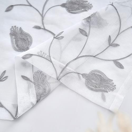 Image of White-Grey Sheer Curtains 84 Inches Long, Floral Embroidered Rod Pocket Sheer Drapes for Living room, Bedroom, 2 Panels, 52 inchx 84 inch, Semi Crinkle Voile Window Treatments for Yard, Patio, Villa, Parlor