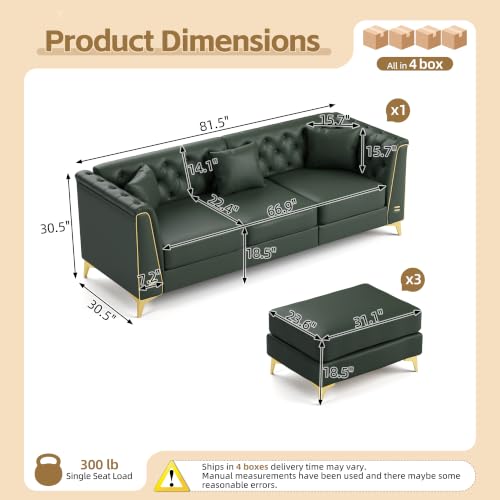 Image of KEIKI 82 inch Faux Leather Chesterfield Sofa with Handmade Button Tufted, Green
