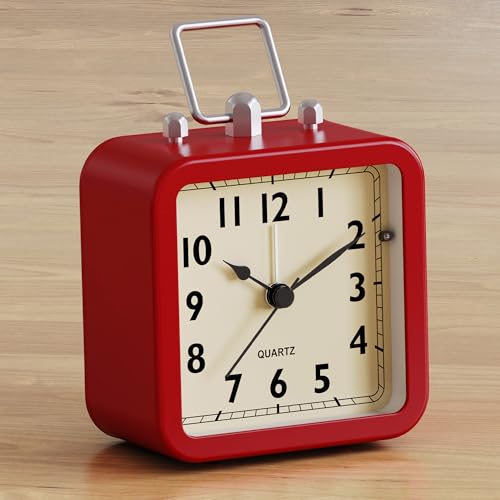 Image of AYRELY Small Metal Alarm Clock, Desk and Table Clock for Travel | Battery Operated Retro Silent Clock with Light for Bedroom, Bedside, Shelf and Living Room Decor (Matte Red)