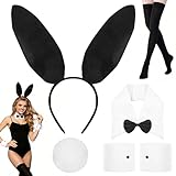 ZYNERY Schwarz Hasenohren Kostüm Damen Set, Bunny Kostüm Frauen Zubehör mit Hasenohren Haarreif Kragen Manschetten Hasenschwanz Kniestrümpfe Hasen Kostüm Damen Zubehör für Karneval Cosplay Oster Party