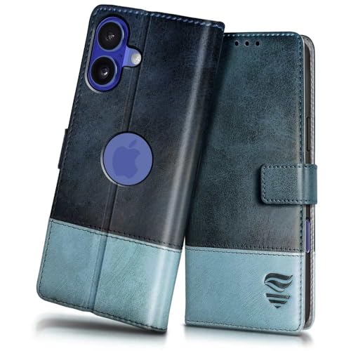 Image of FLIPPED Vegan Leather Flip Case Back Cover for iPhone 16 (Flexible, Shock Proof | Hand Stitched Leather Finish | Card Pockets Wallet & Stand | Blue with Aquamarine)