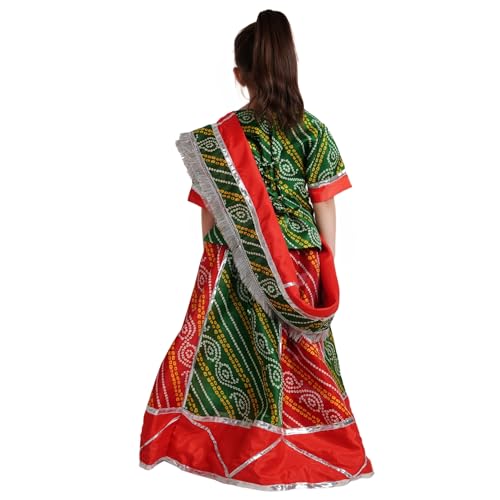 Image of Kaku Fancy Dresses Traditional Radha Costume for Girls - Red & Yellow Lehenga Choli with Dupatta | Indian Mythological Fancy Dress for Janmashtami - 14-17 Years
