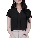 [Hotouch] ブラウス レディース 半袖 Vネック シフォン トップス シャツ 夏 薄手 通気性 無地 シンプル 体型カバー 着痩せ 柔らかい ゆったり おしゃれ UV防止 通勤 デート オフィス カジュアル フォーマル ビジネス スーツ インナー