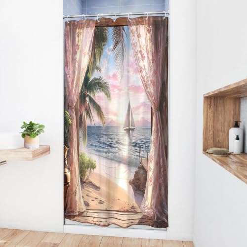 Image of Small Stall Beach Coastal Shower Curtain Pink Ocean Sunset Bathroom Decor | 36Wx72H Inch Single Narrow Bathroom Decor Fabric Polyester Waterproof 7 Pack Hooks