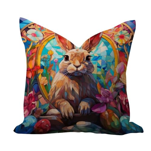 Stained Glass Easter Bunny Rabbit Soft Throw Pillow Covers C