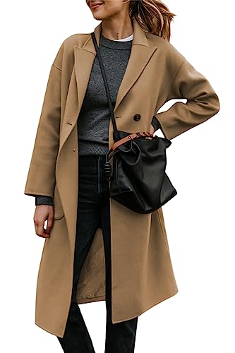 FSHAOES Womens Lapel Peacoat Winter Double-Breasted Outerwear Mid Long Jacket Casual Trench Coat