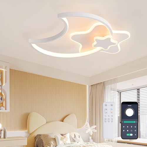 KAUCQI Lampadario Cameretta Bambini Plafoniera Led Soffitto 45CM Stella Lampade a Soffitto Bambino Lampadario Bambini Dimmerabile con Telecomando 3000-6000K Luna Lampada da soffitto