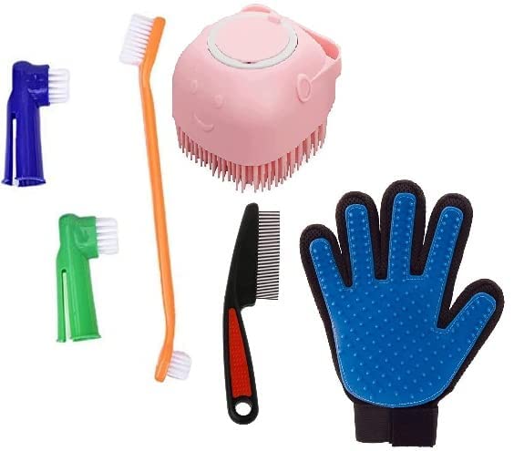 PSK PET MART Dog Grooming kit Shampoo Brush 5 Finger Glove Teeth brushh Set flea flean Comb Colour May Very (Pack of 6) (B0C2ZFJ9SQ) Amazon Price History, Amazon Price Tracker