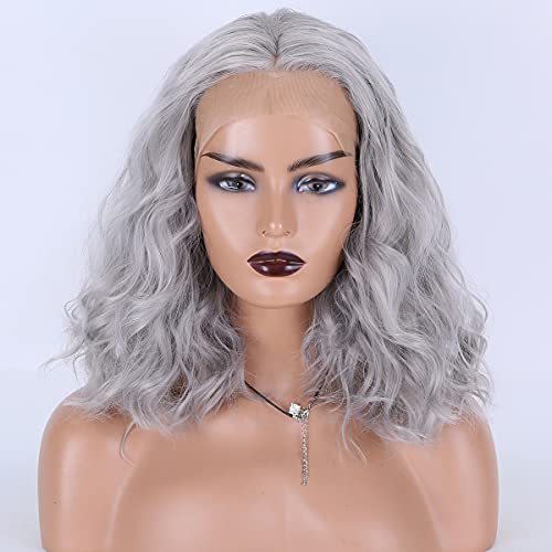 Miss Diva Gray Short Wavy Wigs Bob Curly Wigs For Women Synthetic Lace Front Wigs For Party Daily Use 14 Inches Replacement Wigs