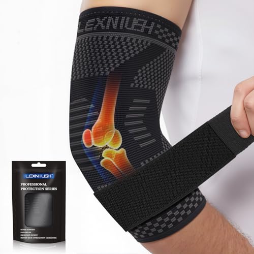 Lexniush Ellenbogenbandage für Damen/Herren, Tennisarm Bandage für Arthritis, Sehnenentzündung, Einstellbar Kompression Ellenbogen Bandage Rechts/Links für Tennisarm, Golferarm, Sport, Gym, M