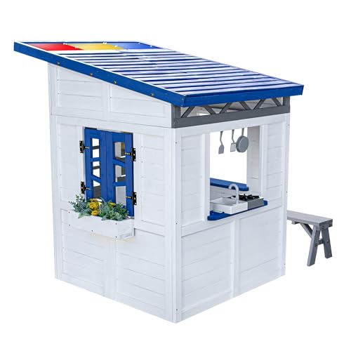Teamson Kids Wooden Playhouse Wendy House with Rainbow Shade, Interactive Kitchen, Working Doorbell, Mailbox & Outdoor Bench, White by Teamson Kids - Image 4