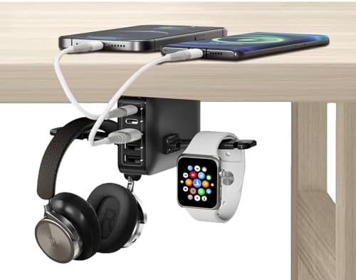 Headphone Stand with USB Charging Cable Clip Under Desk Headset Hook Holder