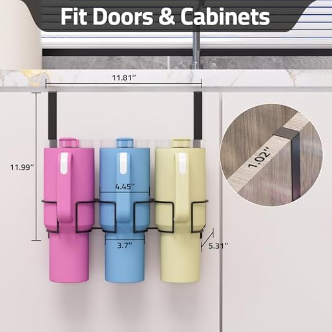 Over The Door Tumbler Organizer Compatible with Stanley 30oz 40oz, Vertical Hanging Snap-On Water Bottle Storage, Drill-Free Space-Saving Cup Holder for Kitchen, Cabinet, Door - Gift Ready (Black)