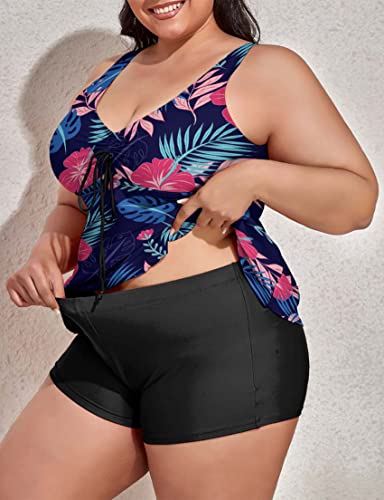 Image of Modest Tankini Swimsuits for Women Two Piece Bathing Suits Floral Print Tank Top with Boyshorts Tummy Control Swimming Suits
