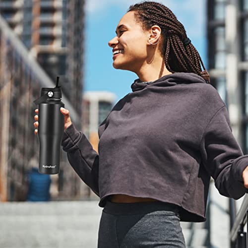 Hydrofest 32 Oz Stainless Steel Water Bottle With Straw Lid, Black Vacuum Insulated Kids Water Bottle, Double Walled Wide Mouth Sweat Proof Sports Water Bottle, Cold Hot, Thermo Mug, Black #TOP6