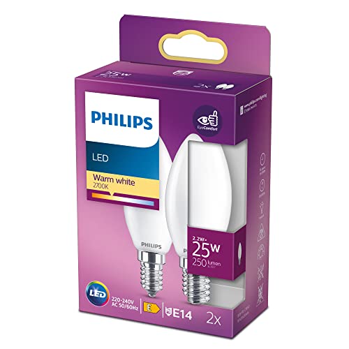 Philips ampoule LED Flamme E14 25W Blanc Chaud Dépolie, Verre, Lot de 2