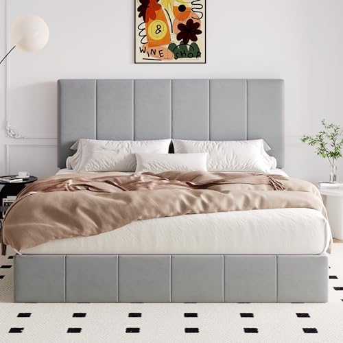Image of Allewie King Size Velvet Lift Up Hydrualic Storage Bed Frame, Grey