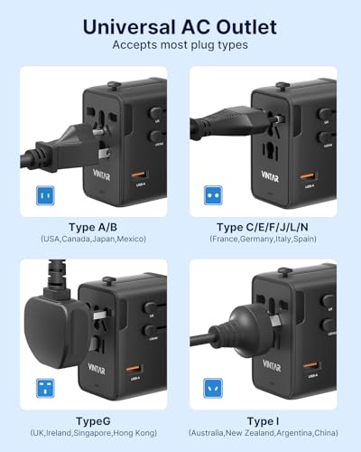 Image of VINTAR 70W GaN Universal Travel Adapter, 5 in 1 with 3 USB-C PD& 1 USB-A QC | International Power Adapter, GaN Fast Charging with Compact Design, All-in-One Travel Essentials for UK /EU /US /AUS, Black