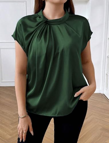 ZAFUL Women's Plus Size Satin Shirt Short Batwing Sleeve Solid Blouse Twist Knot Casual Loose Tops4