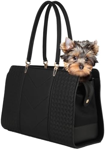 Fashion Pet Carrier Dog Cat Carrier Purse,Soft-Sided Leather Handbag Pet Tote Bag for Small Dogs Puppy and Cats TSA Airline Approved (Black)