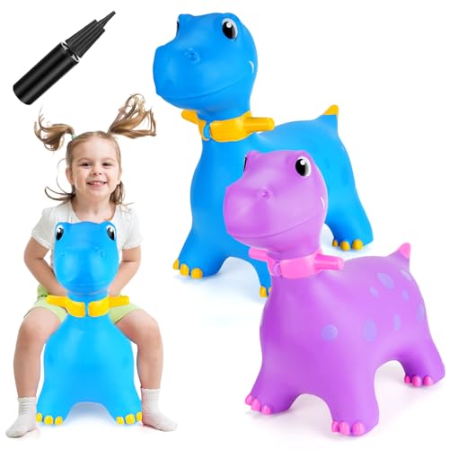 Leyndo 2 Pcs Dinosaur Bouncy Hopper Inflatable Ride on Bouncing Dinosaur Animal Jumping Toys with Pump Dinosaur Ride on Hopping Toys for 2 + Years Old Girls Boys, 2 Colors