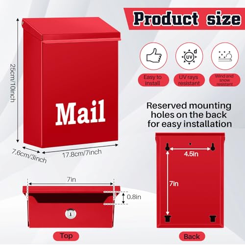 Image of MorningRo 10 x 7 x 3 Inch Small Red Wall Mount Mailbox with Lock Key for Outside Apartment Porch Rust Proof Security Key Drop Box for Letters Newspapers Cards