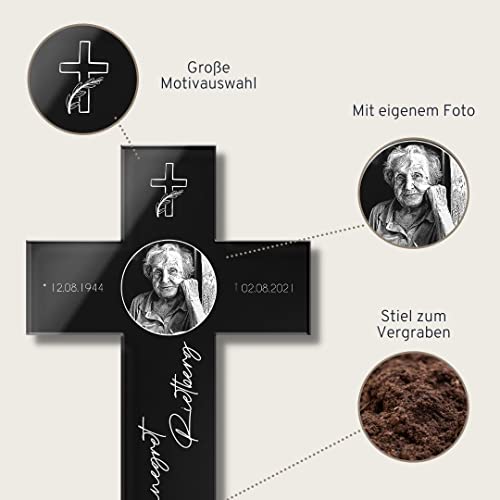 CHRISCK design Personalisiertes Grab Kreuz mit Gravur aus Hochglanz Acrylglas - Grabstecker Grabkreuz als gravierte wetterfeste Grabdeko - Grabschmuck für Urnengrab 11x20 cm (Mit Motiven)…