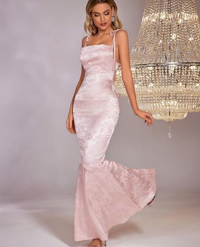 Image of GLNEGE Wedding Guest Maxi Prom Dress Lace Up Satin Formal Dresses for Women | Spaghetti Strap Cocktail Elegant Bridal Shower Wgute Dress Bodycon Mermaid Long Evening Black Tie Dresses for Women