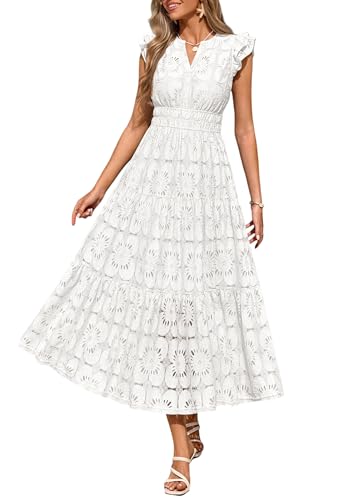 PRETTYGARDEN Womens Boho Maxi Dresses 2026 Summer Floral Lace Eyelet V Neck Spring Wedding Guest Dress Beach Vacation Clothes (White,Medium)