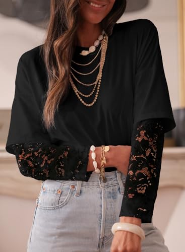 Acelitt Womens Mesh Long Sleeve Tops Crewneck Lace Blouse Shirts,S-XXL4