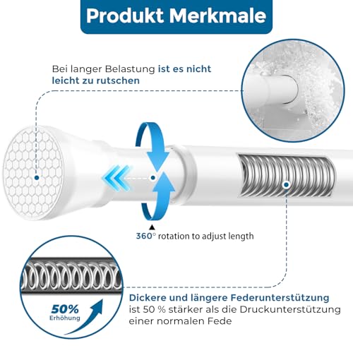 AIZESI 1 Stück Gardinenstange ohne Bohren Teleskopstange Vorhangstange Duschvorhangstange Spannstange Verstellbare Gardinenstange Klemmstange für Gardinen, Badezimmer Weiß 110-190CM (Durchmesser 22mm)