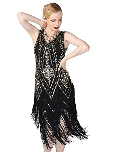 PrettyGuide Women's 1920s Flapper Dress Vintage Swing Fringed Great Gatsby Dress Black Gold XL