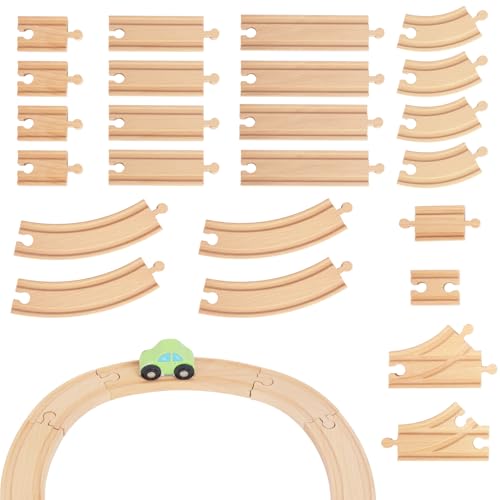 wooden train tracks 24 piece set track expansion and 9 distinct pieces - 100 compatible with all major brands including thomas wooden railway system