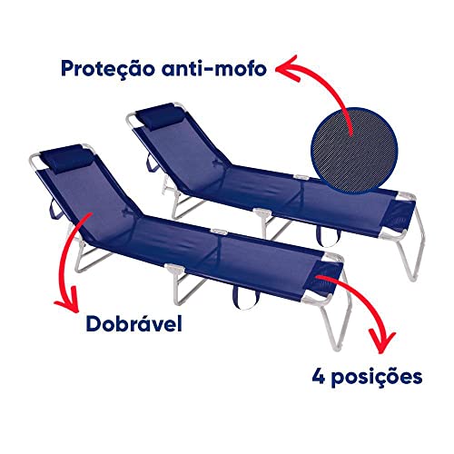 Kit 2 Cadeiras Espreguiçadeiras Alumínio Praia Piscina Azul Mor