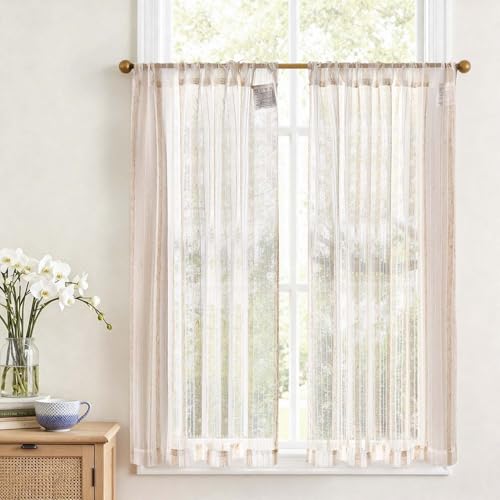 Vangao Rideau Voilage Cuisine Blanc et Beige Interieur Salon Chambre Enfant Fenetre, 90L x 115H cm 2 Pièces Boheme Petit Rideau Court Dressing Placard Sous...