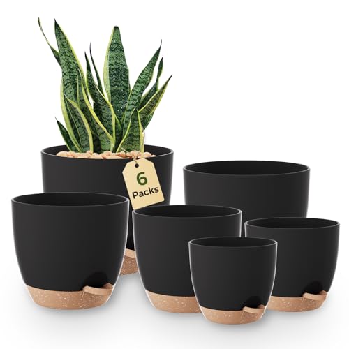 Bamworld Self Watering Plant Pots Indoor Set of 6 Plastic Flower Pots 12.7/14/15.2/16.5/17.8/20.3 cm with Saucers and Drainage Holes for Outdoor Windowsill Garden DecorBlack