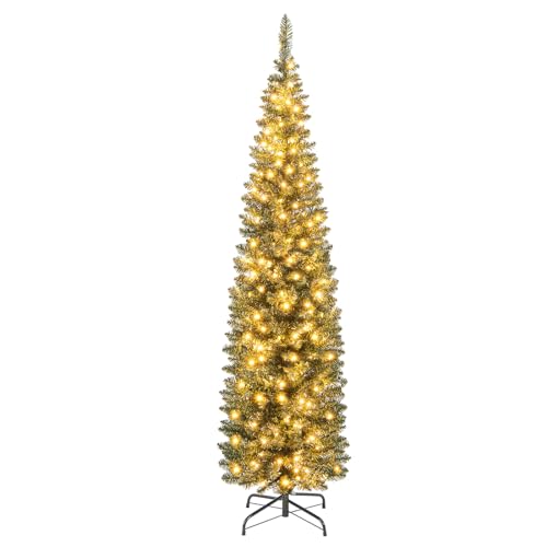 RELAX4LIFE Árvore de Natal fina com 296/390/499 ramos, 150/180/200 luzes LED brancas quentes e base de metal dobrável, árvore de Natal com luzes incorporadas para casa, escritório, loja (180 cm)
