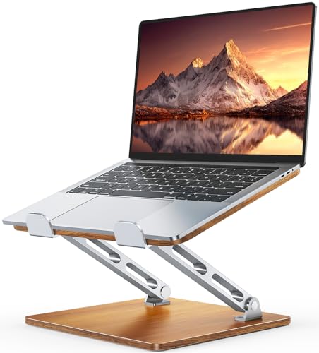 CIRYCASE Aluminium & Bois Support Ordinateur Portable à Double Barre, Laptop Stand Réglable, Rehausseur PC Portable Bureau Ergonomique Porte Bloc-Note, Compatible avec MacBook, HP, Autres 10-16 Pouces