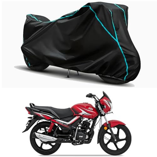 Image of Waterproof Bike Body Cover Compatible for | TVS Star City Plus ES Disc | Taffeta Fabric, Sky Piping Design, Bottom Elastic Fit | Dustproof, Sun UV & Rain Protection for All Weather.