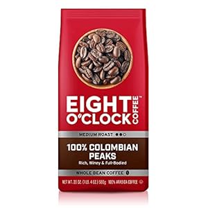 Eight O’Clock Coffee 100% Colombian Peaks, Medium Roast, Whole Bean Coffee, 20 Ounce, 100% Arabica, Kosher Certified