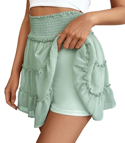 Adigaber Femmes Mini Jupes Couleur Unie Taille Haute Mini Jupe à Volants en Tulle avec Short
