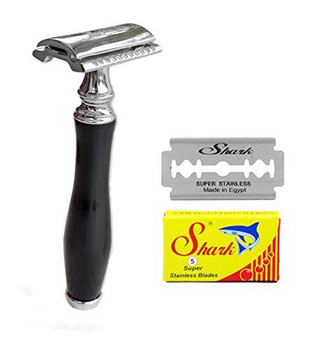 Double Edge Safety Razor Set Black Handle with Genuine Leather Shaving Travel/Protective Case (BLACK HANDLE + 5 SHARK)