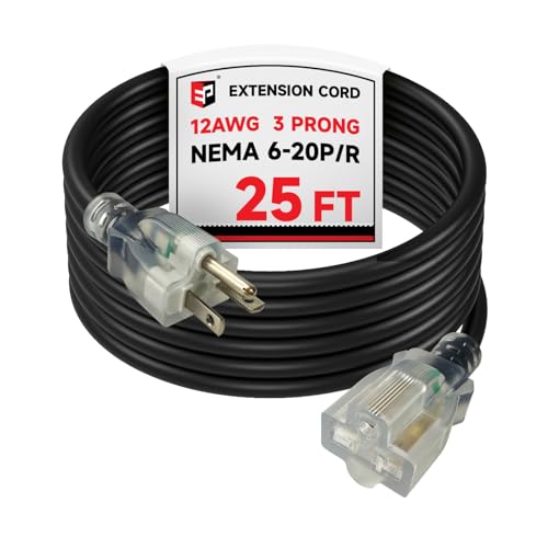 EP 25 Ft 12 Gauge Outdoor Lighted Extension Cord, Heavy Duty NEMA 6-20P/NEMA 6-20R Power Cord, 20A 250V 12/3 SJTW Cable for Lawn, Garden, Appliance, Black