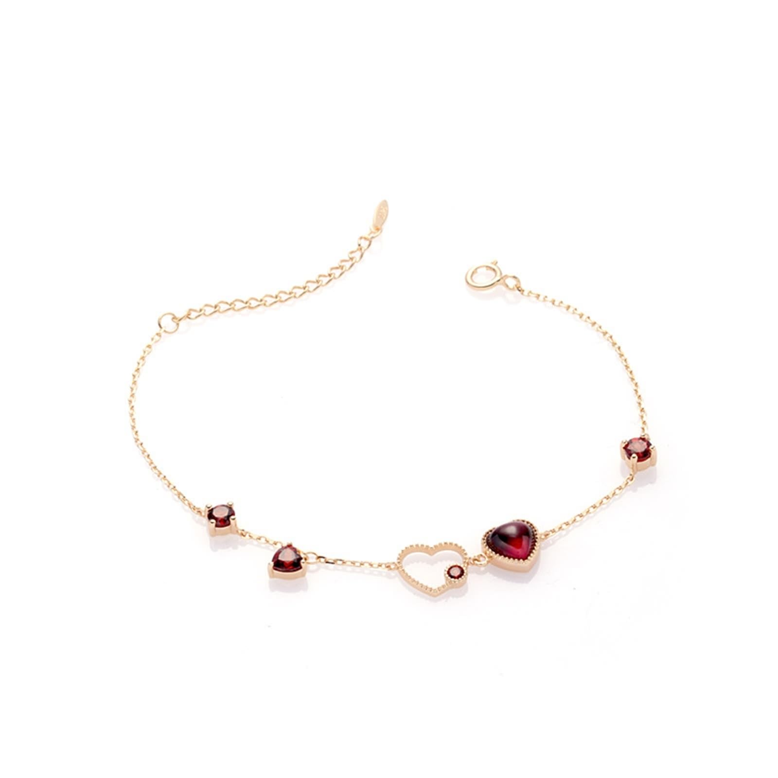 Au375 - Bracciale in oro giallo 9 carati, con cuore rosso granato e cuore, 23 cm