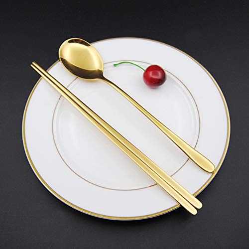 304 Stainless Steel Spoon and Chopsticks, Flat Handle Chopsticks and Spoon Set with Gift Box, Korean Tableware Set for Home Kitchen, Restaurant (Gold) - Image 5